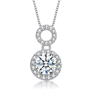 White gold plated necklace with cubic zirconia solitaire and double halo drop pendant featuring a stunning sprakling design - 1 of 3