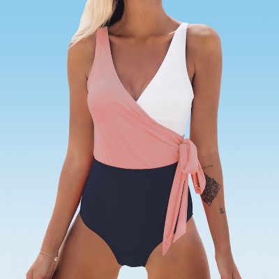 Women's Deep V Neck Self Tied Belt One Piece Swimsuit - Cupshe