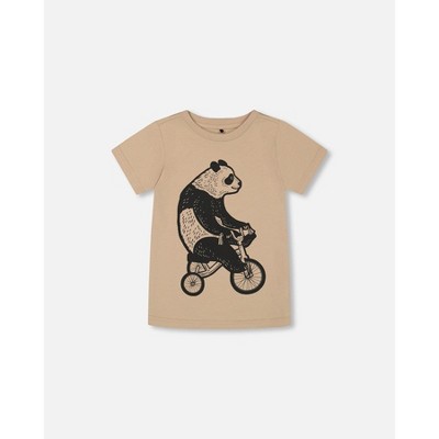Deux par Deux Boy Organic Cotton Graphic Tee Black Panda on Beige Background