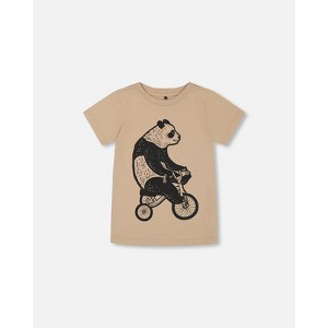 Deux par Deux Boy Organic Cotton Graphic Tee Black Panda on Beige Background - 1 of 4
