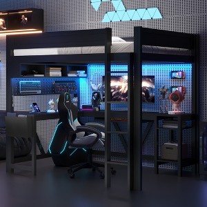 TIRAMISUBEST Full Size Gaming Loft Bed with Bulit-in Desk, Storage Shelves and LED Light, Wood Loft Bedframe with USB Charging Station - 1 of 4