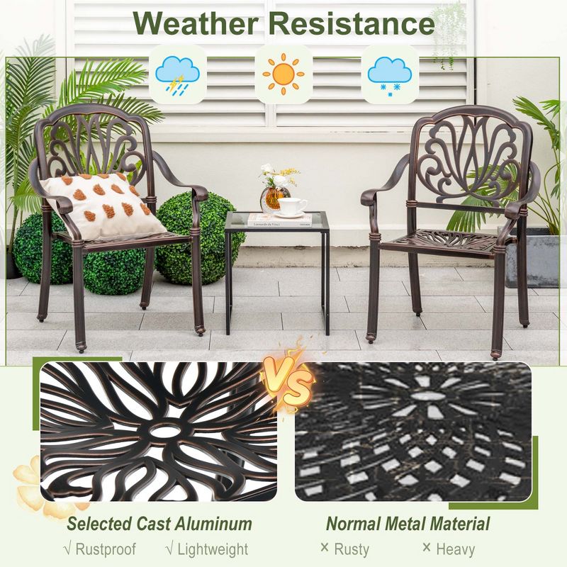 Costway 2pcs Patio Cast Aluminum Dining Chairs Armrests Outdoor Stackable Bronze/White, 5 of 9