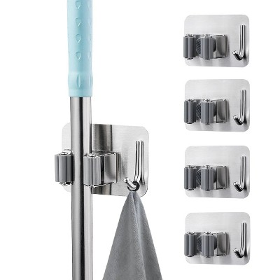 LunaLulinlk 4 Pack Mop Broom Holder No Drilling, 304 Stainless Steel Broom Organizer Wall Mount Heavy Duty Hooks, Non-Slip Broom Hanger, Self-Adhesive