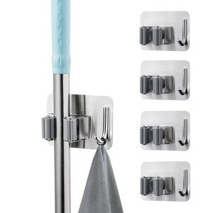 LunaLulinlk 4 Pack Mop Broom Holder No Drilling, 304 Stainless Steel Broom Organizer Wall Mount Heavy Duty Hooks, Non-Slip Broom Hanger, Self-Adhesive - 1 of 4