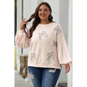 Embroidered Bow Lantern Sleeve Oversized Pullover Sweatshirt - 1 of 1