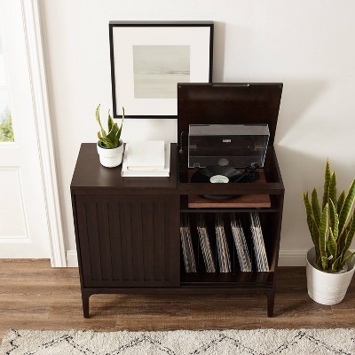 Sleek Dark Brown Slatted Media Console with Record Storage