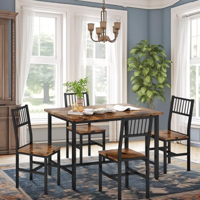 Hooseng Industrial Style 5-Piece Dining Table Set, Dining Room Table Set with 4 Slated Backrest Chairs, Space-Saving Dinette Set for 4 with MDF Top