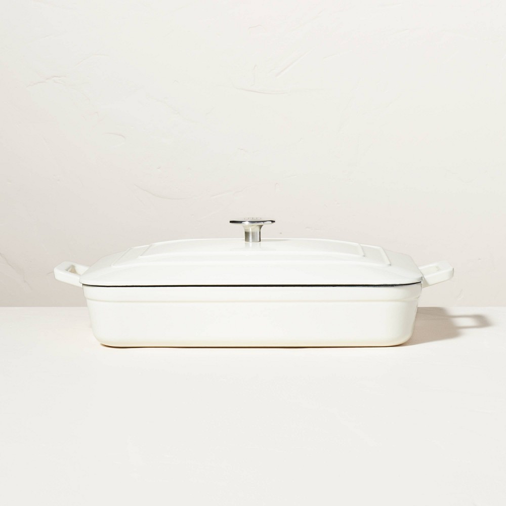 Enamel Coated Casserole/Bakeware Dish with Lid Cream - Hearth & Hand™ with Magnolia: Cast Iron, Hand Wash, Nonstick