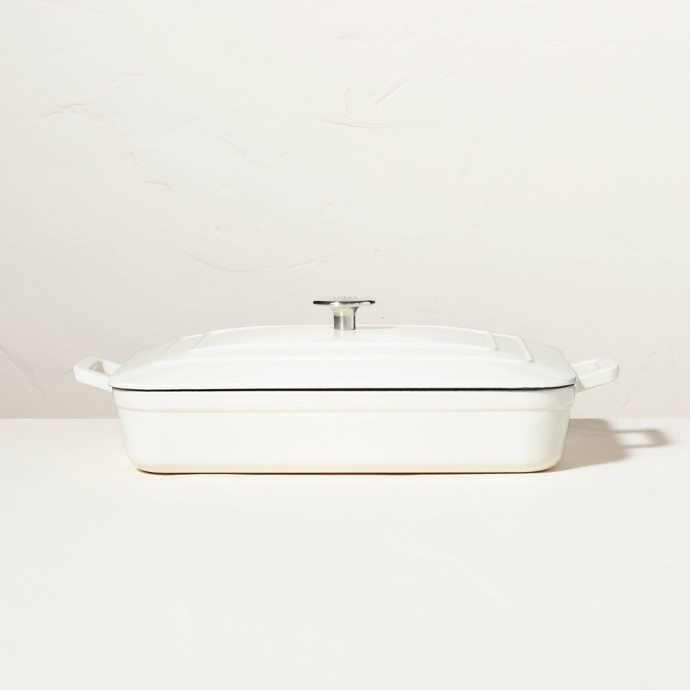 Enamel Coated Casserole/Bakeware Dish with Lid Cream - Hearth & Handâ„¢ with Magnolia: Cast Iron, Hand Wash, Nonstick