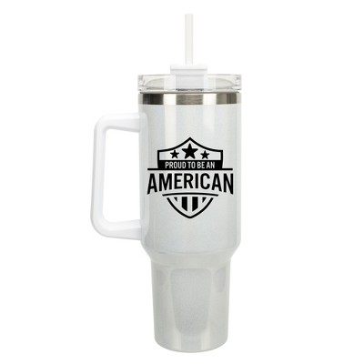 100 North Proud To Be An American Flag Shield Wrap-Around 40 Oz. Stainless Steel Water Bottle Coffee Mug, Spill & Leak Resistant, Travel Tumbler with