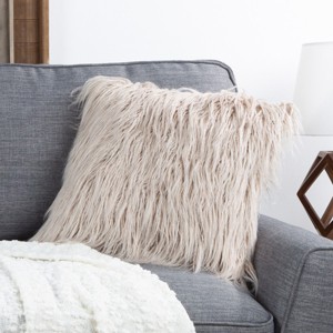 18in. Plush Pillow – Luxury Square Accent Pillow Insert and Shag Glam Cover Set – For Bedroom or Living Room by Lavish Home (Coffee) - 1 of 4