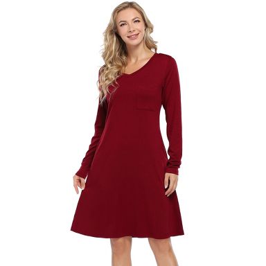 Women's V Neck Long Sleeve T Shirt Dress Basics Plain Dresses Casual Loose  Flowy Swing Dresses Wine red,L : Target