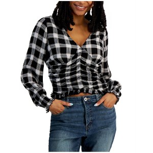 Crave Fame Womens Plaid Smocked Knit Blouse - 1 of 1