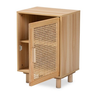 Mid-Century Modern Natural Brown Pine & MDF End Table with Rattan Door