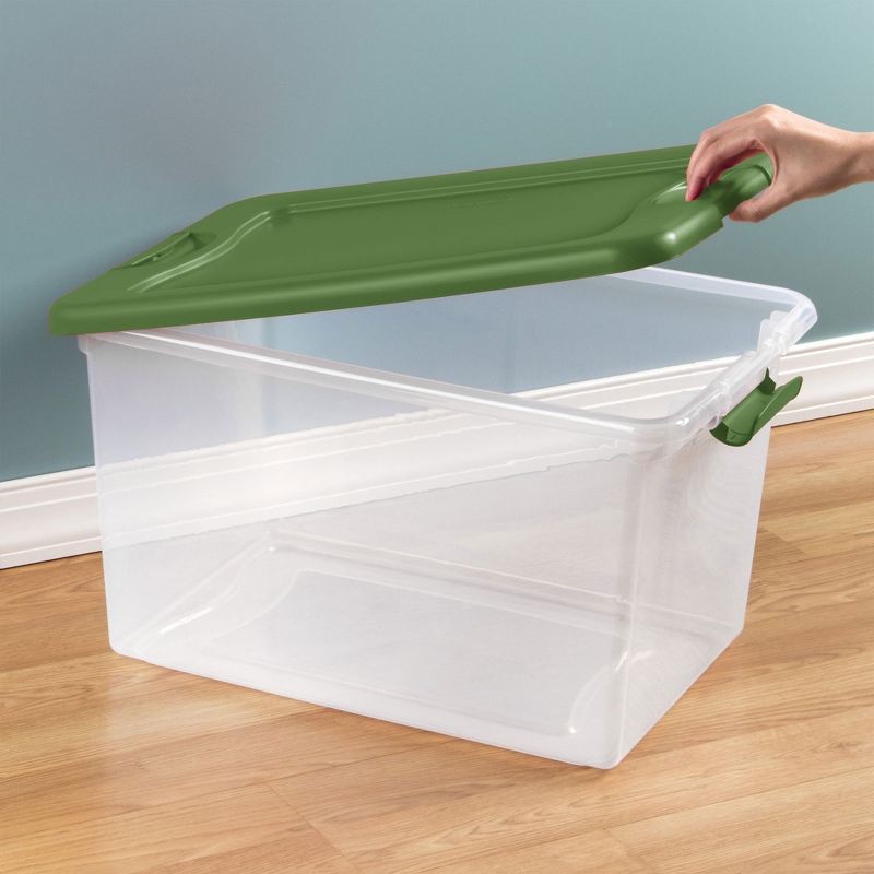 Sterilite 64 Qt Latching Plastic Stacking Holiday Storage Bin with Latching Lid, Plastic Container to Organize Closets, Clear with Green Lid, 4 of 7