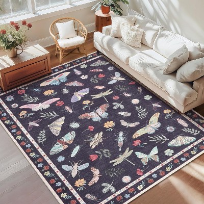 Washable Rug, Modern Floral Insect Carpet, Stain-Resistant Non-Slip Low Pile Floor Cover for Bedroom, Nursery, Classroom, Living Room