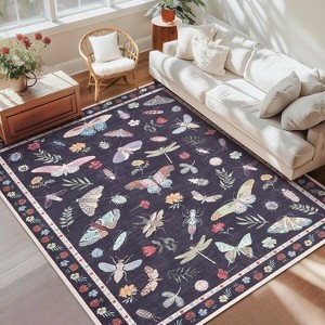 8x10 Black Washable Rug, Modern Floral Insect Carpet, Ultra-Thin Non-Slip Large Low Pile Floor Cover for Bedroom, Living Room, Office, Classroom - 1 of 4
