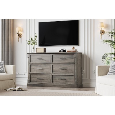 6 Drawer Dresser for Bedroom, Farmhouse Wood Chest of Drawers with Metal Handles, Rustic Large Double Dresser TV Stand, Storage Dressers Organizer