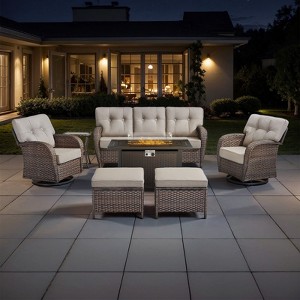 Belord Outdoor Wicker Patio Furniture Set with 43" Propane Fire Pit Table, Swivel Patio Chairs Set with Sofa Couch, Fire Pit Table and Ottoman - 1 of 4
