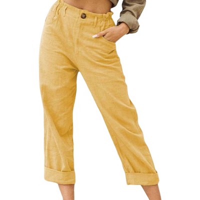 Amaryllis Women's Corduroy Cropped Wide-Leg Pants High-Waisted Rolled Cuff Elastic Waist Button Detail