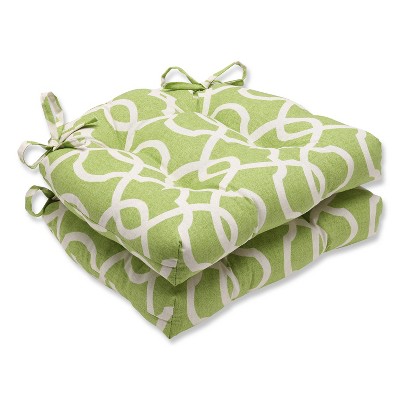 Green Lattice Damask Reversible Chair Pad (Set Of 2) (16"X15.5") - Pillow Perfect: Weather-Resistant, Tufted with Ties