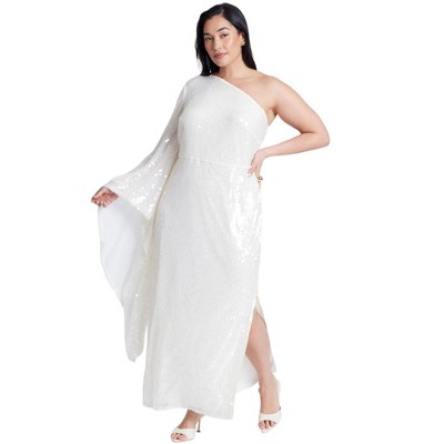 ELOQUII Women's Plus Size One Shoulder Dramatic Sleeve Dress