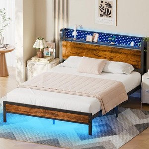 Furnulem Bed Frame with LED Lights,Headboard with Charging Station and USB Port,Upholstered Platform Bed frame Metal Support,No Box Spring Needed - 1 of 4