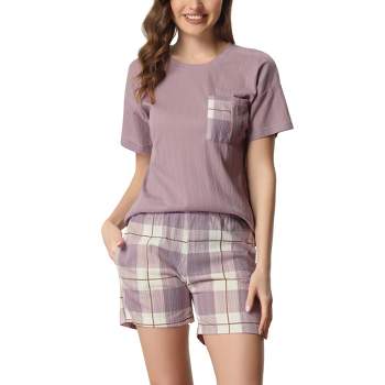 cheibear Women's Sleepwear Short Sleeve T-Shirt with Plaid Shorts Couple Pajama Sets