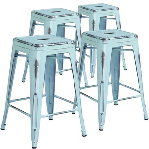 Emma and Oliver Commercial Grade 4 Pack 24" High Backless Distressed Metal Indoor-Outdoor Counter Height Stool - 1 of 4