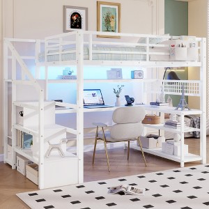 Full Size Metal Loft Bed with Wardrobe, Desk, LED Light, Charge Station, Reversible Staircase, Removable Fabric Pocket & Storage Shelves - ModernLuxe - 1 of 4