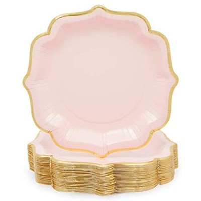 Sparkle and Bash 48 Pack Pink Paper Party Plates with Gold Foil Scalloped Edging (9 In)