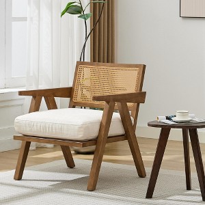 Comfortable Mid Century Modern Accent Chair, Rattan Backrest & Thick Linen Cushion, Wood Frame, Upholstered Living Room Chairs - 1 of 4