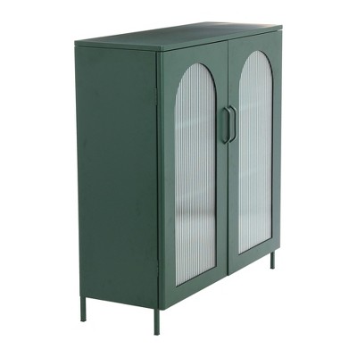 Dark Green Metal Cabinet with Adjustable Shelves and Arched Glass Doors