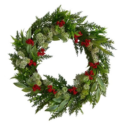 Nearly Natural 24” Cedar, Eucalyptus and Berries Artificial Christmas Wreath