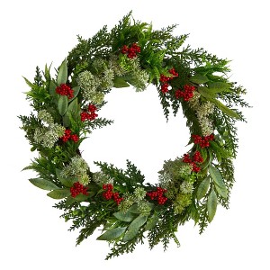 Nearly Natural 24” Cedar, Eucalyptus and Berries Artificial Christmas Wreath - 1 of 4