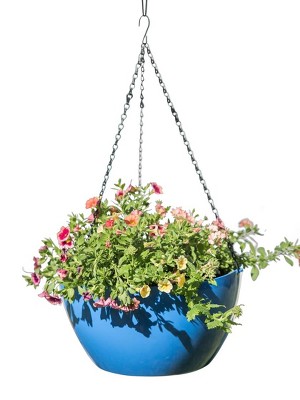 Gardener's Supply Company Viva Self-Watering Hanging Basket With Easy-Fill Water Port | 14 Inch Diameter Includes Hanging Chain & Hook - Blue