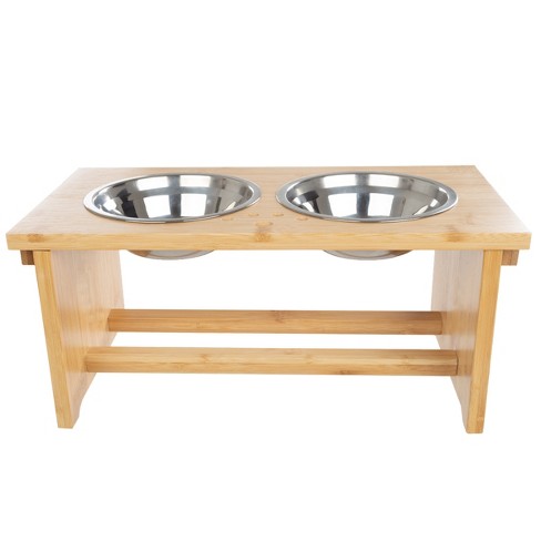 Raised Dog Bowls Stand for Small to Medium Dogs, Bamboo Elevated Dog Food  and Water Bowls Feeder Holder 5 tall with mat Bamboo