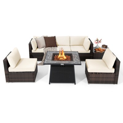 Tangkula Set of 7 Patio Furniture Set w/ 35" Propane Gas Fire Pit Table & Waterproof Cover
