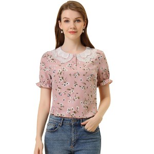 Allegra K Women's Peter Pan Collar Ruffled Bubble Short Sleeve Floral Blouses - 1 of 4