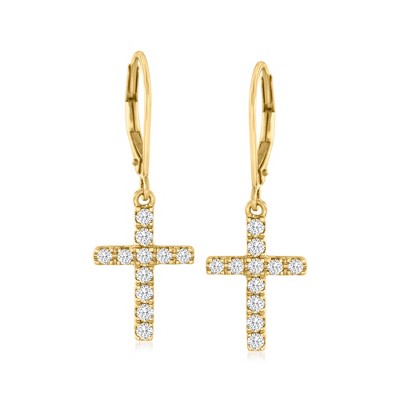 Ross-Simons 0.55 ct. t.w. Diamond Cross Drop Earrings in 14kt Yellow Gold