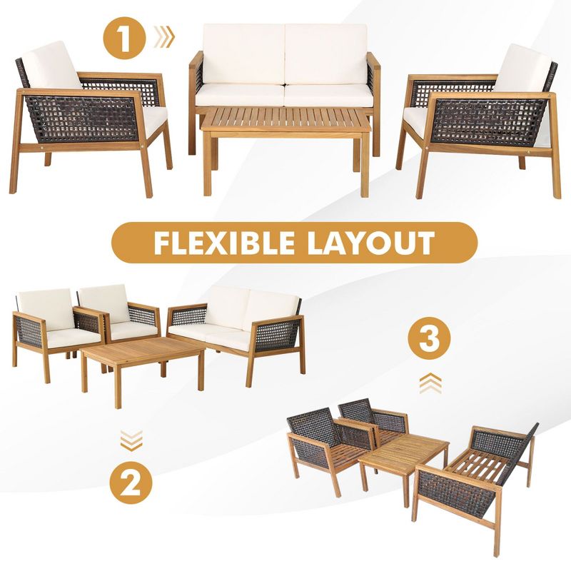 Tangkula 4PCS Patio Acacia Wood Furniture Set PE Rattan Conversation Set w/ Off White Cushions, 5 of 11
