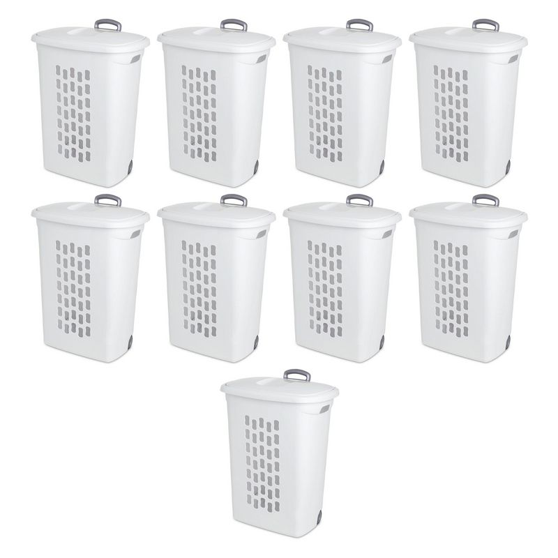 Sterilite Ultra Wheeled Laundry Hamper with Lid, Handle and Wheels for Easy Rolling of Clothes to and from the Laundry Room, Plastic, White, 9-Pack, 1 of 7