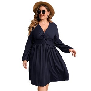 WhizMax Women's Plus Size Dress V Neck Long Sleeve Front Knotted Elastic Elegant Dress A Line Knee Length Midi Dress - 1 of 4
