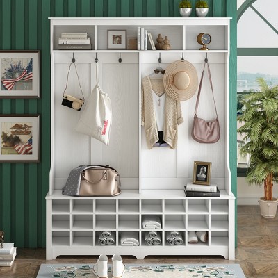 Whisen Modern Style Multiple Functions Hall Tree with 6 Metal Hooks and 24 Shoe Cubbies