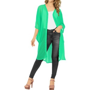 LA LEELA Women's Open Front Solid Sheer Beach Button Down Swimwear Cover ups Casual Duster for Women Beachwear Cardigan for Women - 1 of 4