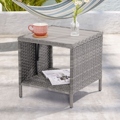 Sonkuki Outdoor Patio Square PE Rattan Side Table Brown