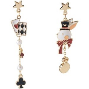 Lucky Bet Dangle Earrings - Asymmetric Poker Card & Clock Design with Red Hearts, a Whimsical Casino Theme Gift - 1 of 4