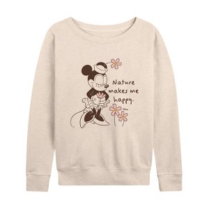Women's - Disney - Minnie Nature Makes Me Happy Lightweight French Terry Wide Neck Long Sleeve Shirt - 1 of 4