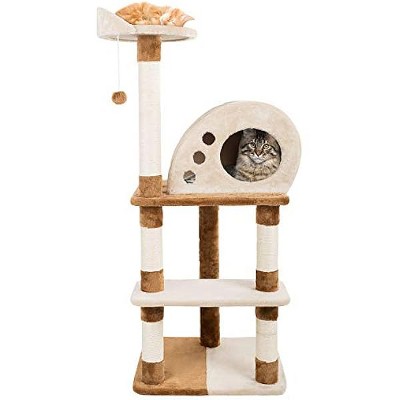 PETMAKER 4 Level Plush Cat Tower with Sisal Scratching Posts, Perch, Cat Condo and Hanging Toy, 47.75" H, Tan