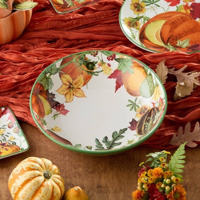 Autumn Botanical Ceramic Serving Bowl with Pumpkin and Leaf Print 13 Inch